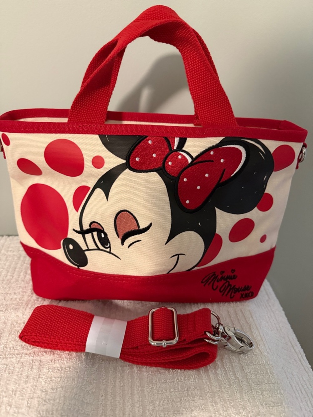 NWT: Minnie Mouse Red Polka Dot Canvas Tote, with removable, adjustable strap.